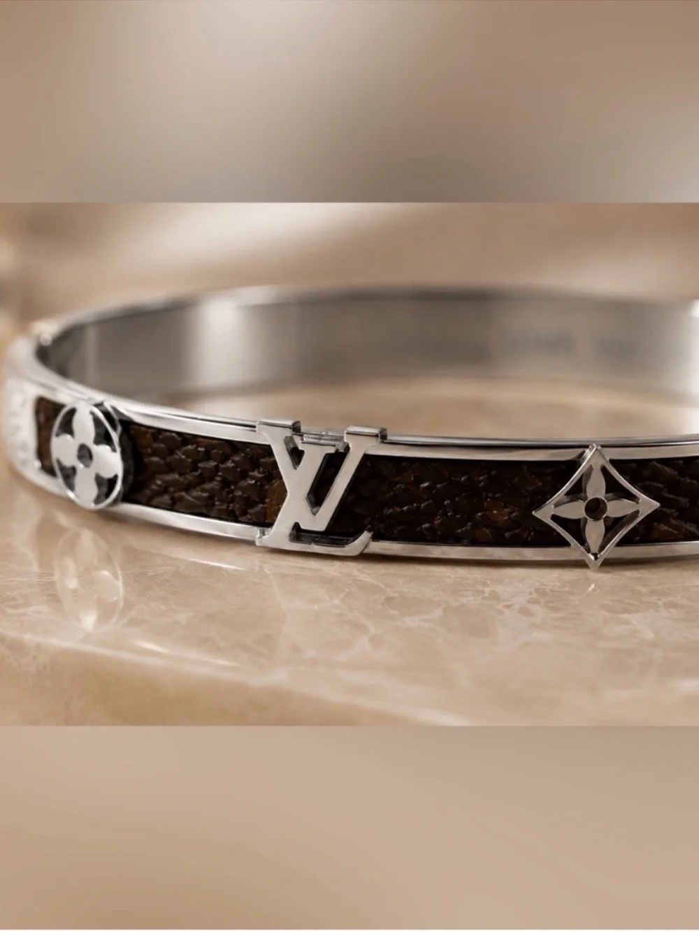 Silver and Brown LV Monogram Hinged Bangle Bracelet